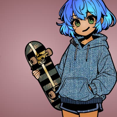 anime girl with a boy hair cut in sweatsuit holding skateboard