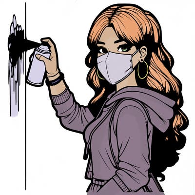 realistic girl with mask spray painting a wall