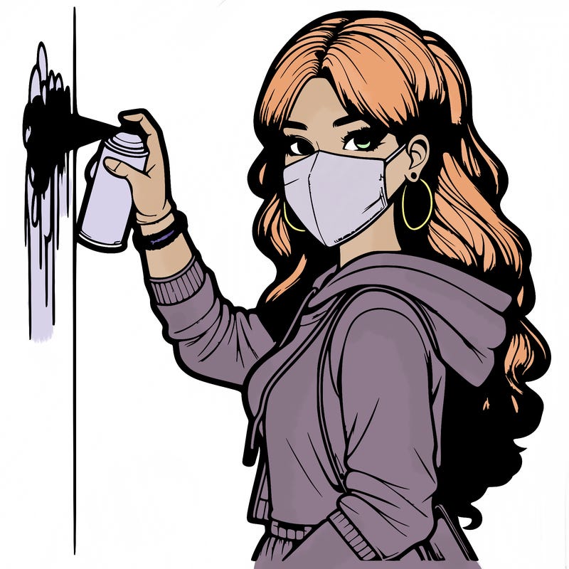 realistic girl with mask spray painting a wall