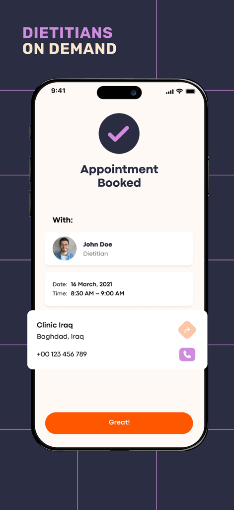 Fodo Diet - Fodo Diet app screen showing a booked appointment confirmation with a professional dietitian.