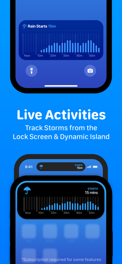 CARROT Weather app interface displaying Live Activities and Dynamic Island rain tracking on an iPhone.