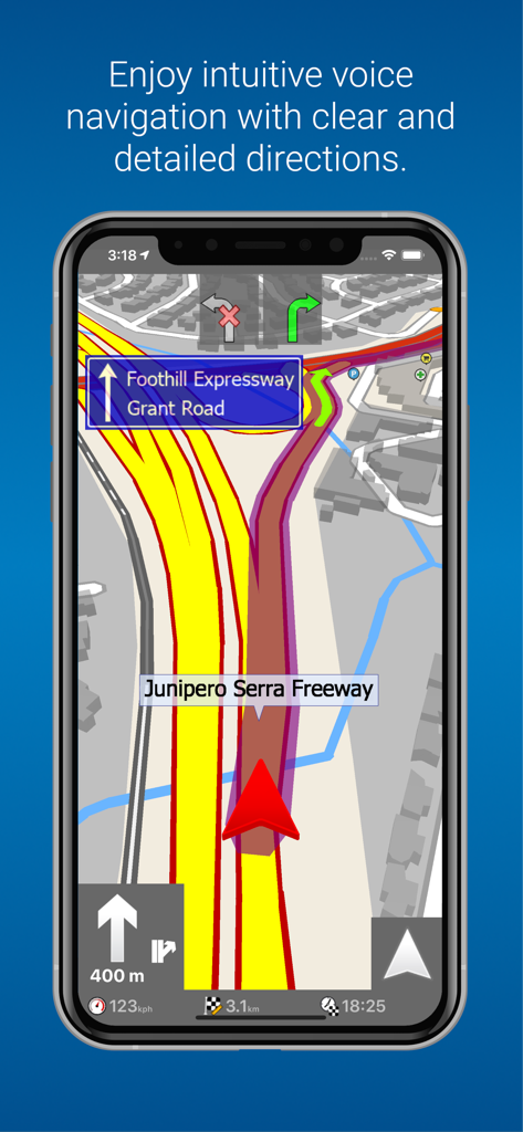 MapFactor Navigator app screenshot showing detailed 3D map interface with lane guidance and voice navigation directions