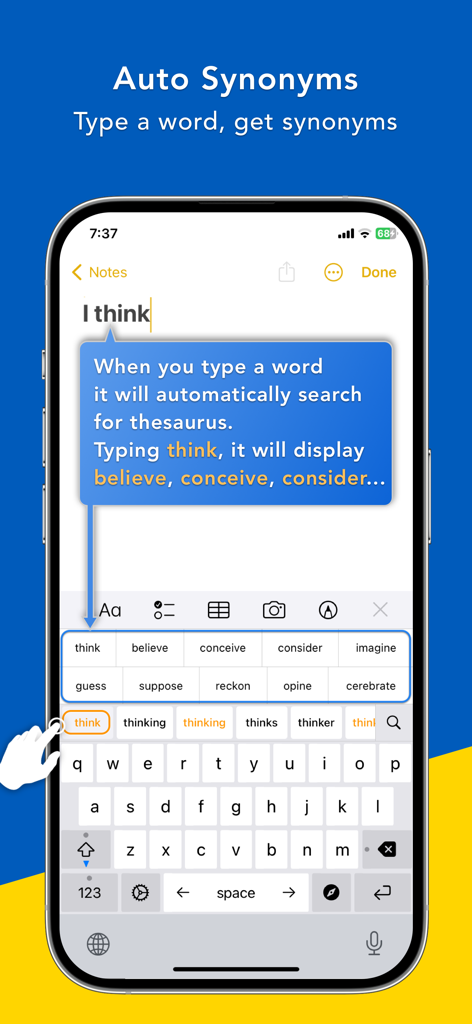 Bear - AI Keyboard - Bear AI Keyboard interface showing automatic synonym suggestions for the word think