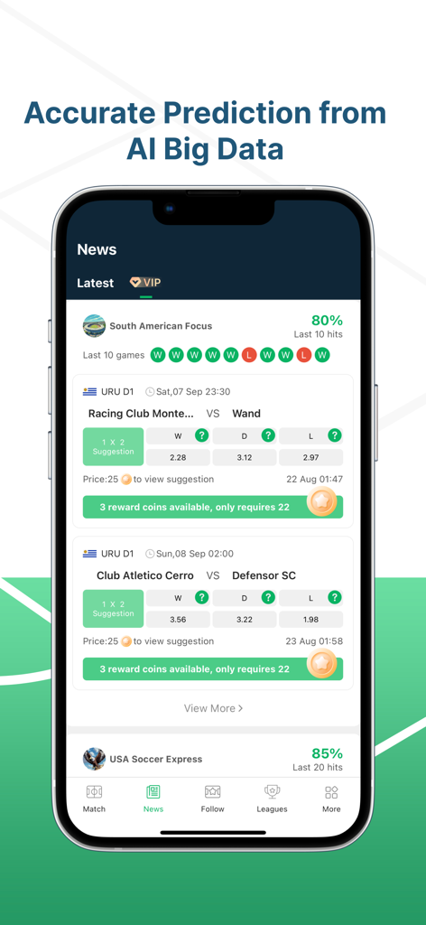 Pantalla de la aplicación VIPGoal que muestra predicciones de partidos de fútbol de IA y tasas de acierto para próximos partidos