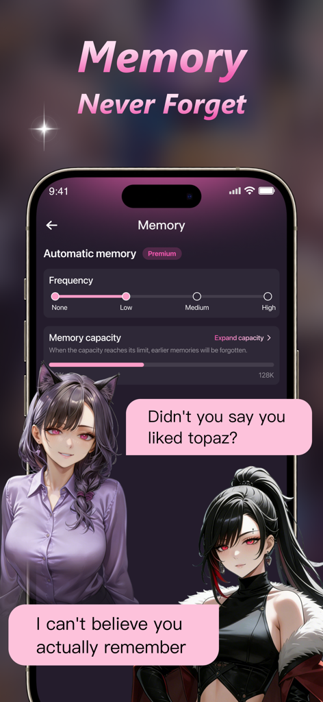 Chatto app interface showing AI character memory settings and anime style chat dialogue