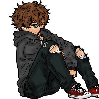 a male hoddie ripped jeans messy hair anime