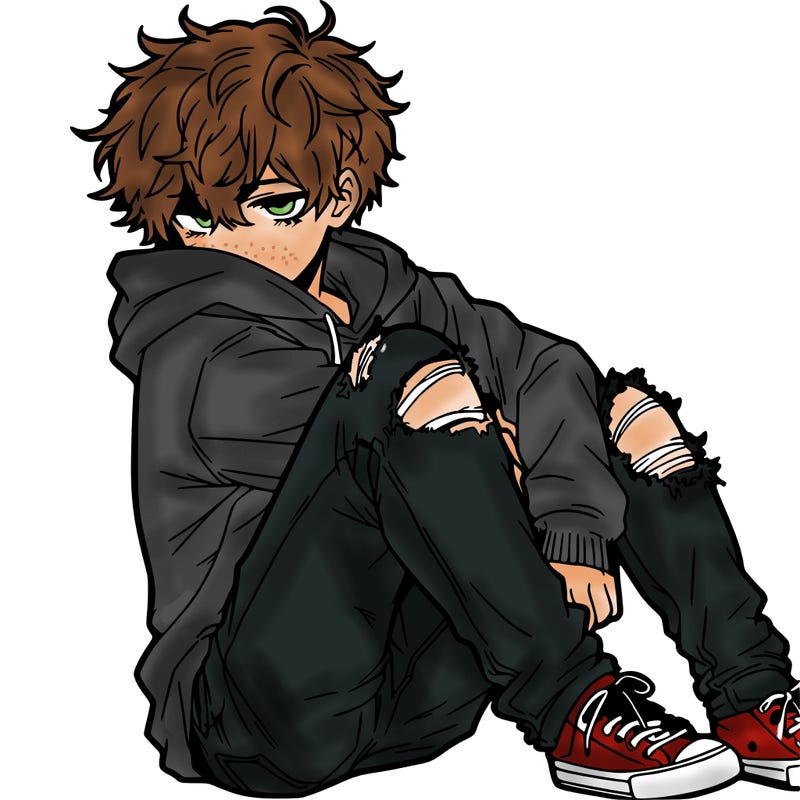a male hoddie ripped jeans messy hair anime