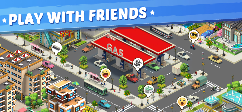 Lily City: Building metropolis - An isometric view of a bustling urban street with a gas station and residents in Lily City Building Metropolis.