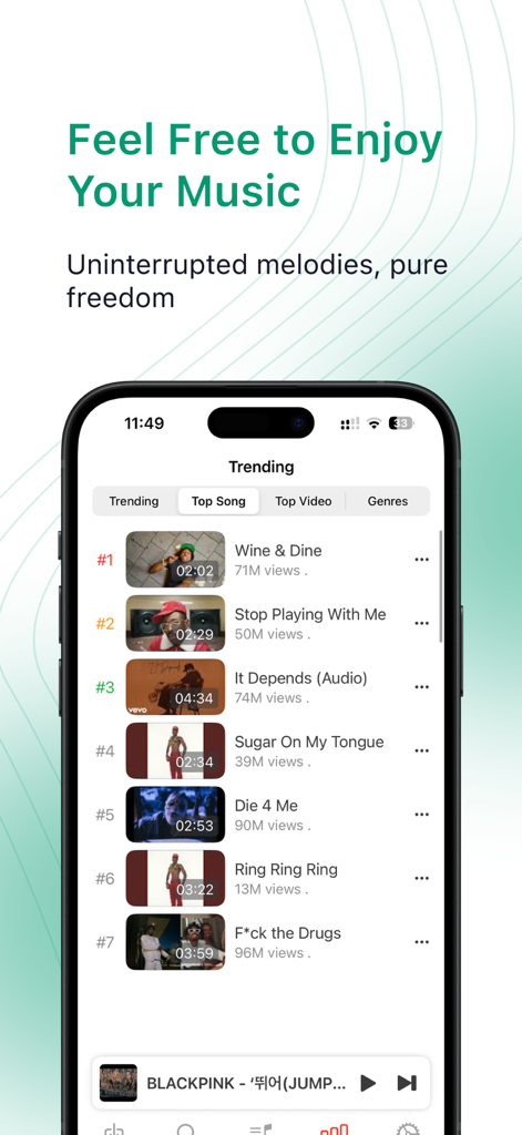 Tubidy - Offline Videos, Music - Trending top songs screen in the Tubidy offline music and video app.