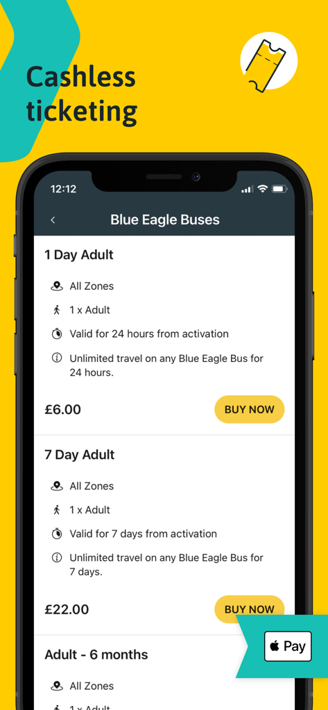 myTrip by Passenger - Interfaccia dell'app myTrip che visualizza varie opzioni di biglietti dell'autobus da acquistare utilizzando il pagamento mobile