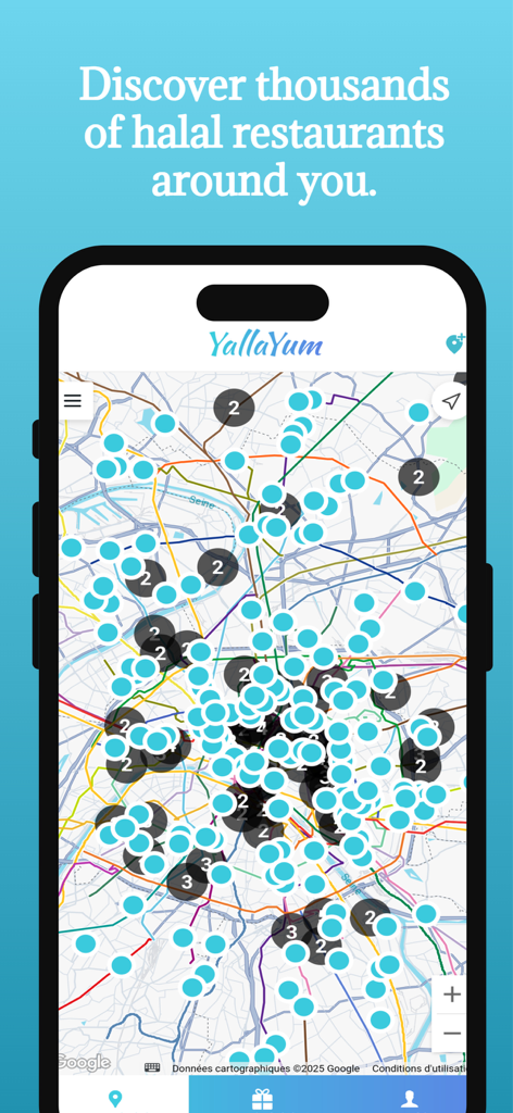 La aplicación Yalla Yum mostrando un mapa de la ciudad con numerosos marcadores de restaurantes halal cercanos