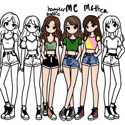 a group of girls wearing crop tops and shorts