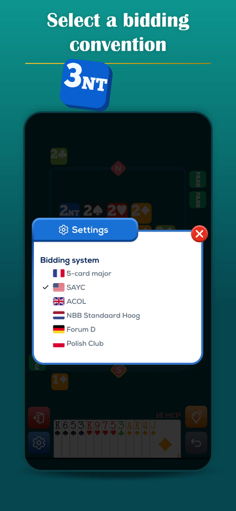 Play Bridge: Offline Card Game - Menú de selección de sistemas de declaración de bridge, incluyendo SAYC y ACOL