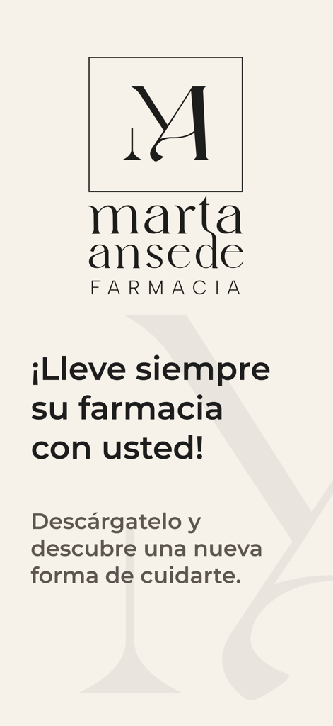Promotional screen for the Farmacia Marta Ansede mobile app featuring the slogan Always take your pharmacy with you in Spanish