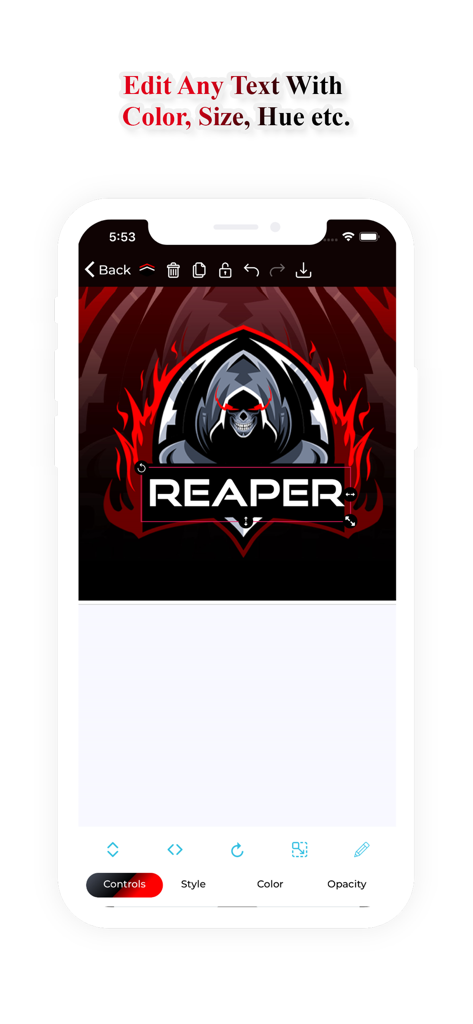 Logo Esport Maker For Gaming - Mobile app interface showing a reaper mascot logo being edited with text tools.