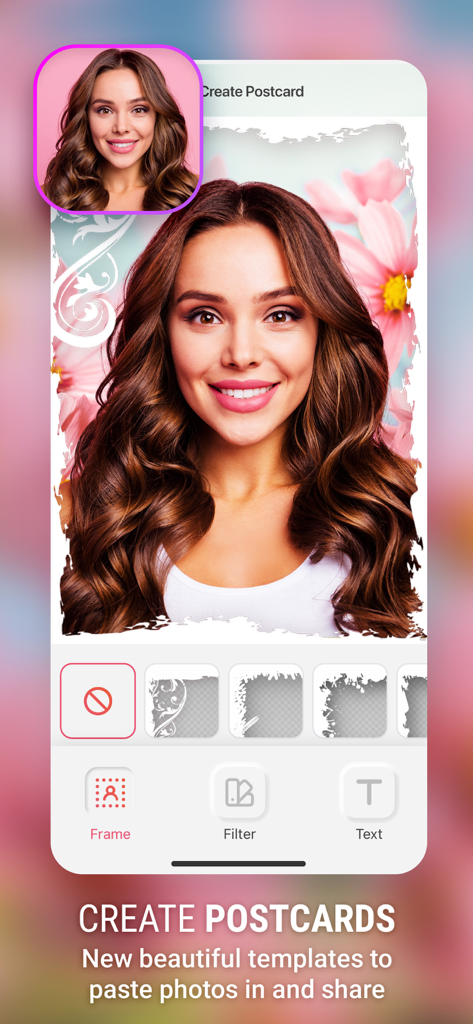 User interface of the Cut Paste Photos app showing a woman's portrait inside a decorative floral postcard frame