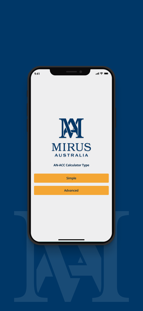 Mirus AN-ACC Calculator - Mirus AN-ACC Calculator app home screen showing options for simple or advanced calculation modes.