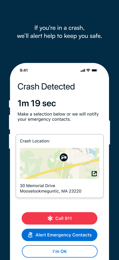 Routely℠ - Routely app crash detection screen showing emergency contact buttons and a map of the incident location
