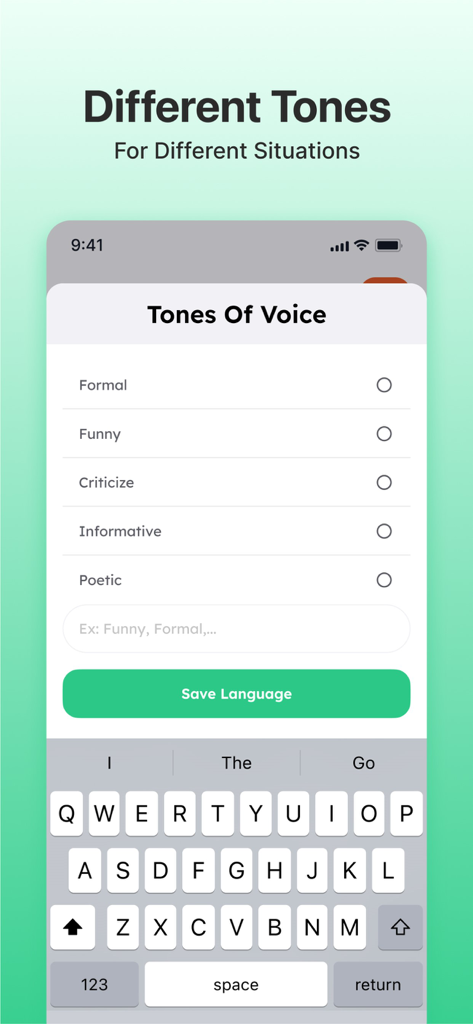 Pantalla de la aplicación Escritor IA mostrando opciones de tono de voz para la creación de contenido personalizado