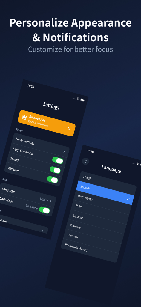 pomo - Pomodoro Focus Timer - Oberfläche der Pomo App mit Personalisierungseinstellungen für Aussehen und Benachrichtigungen im Dark Mode