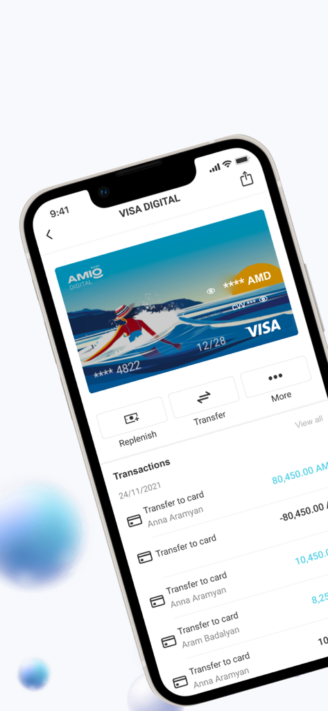 Schermata dell'app AMIO Mobile che mostra una carta digitale Visa in Dram armeno e la cronologia delle transazioni recenti