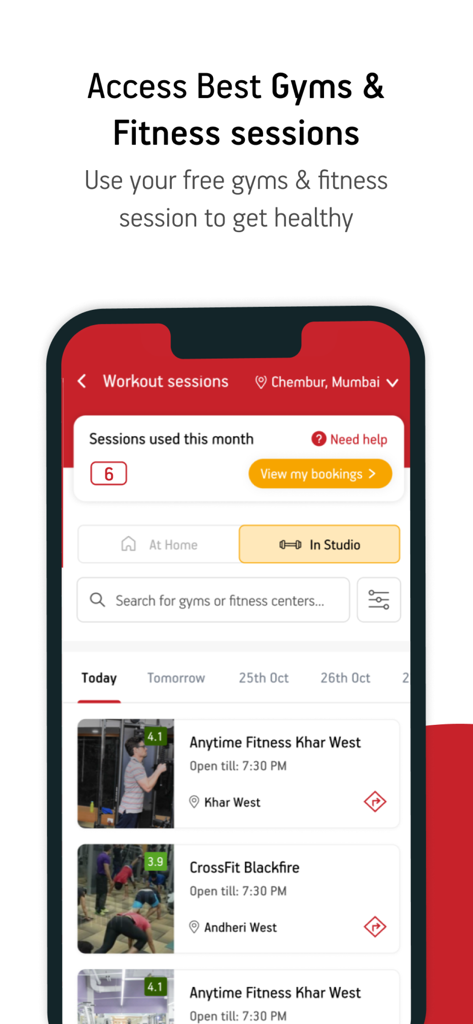 AB Multiply - Schermata dell'app AB Multiply che mostra le opzioni di prenotazione per palestre locali e sessioni di fitness