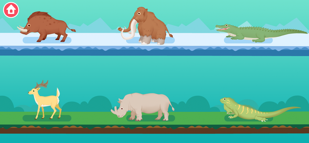 Sélection d'animaux animés de l'Âge de Glace, y compris un mammouth laineux, un rhinocéros et un cerf dans un jeu éducatif pour enfants