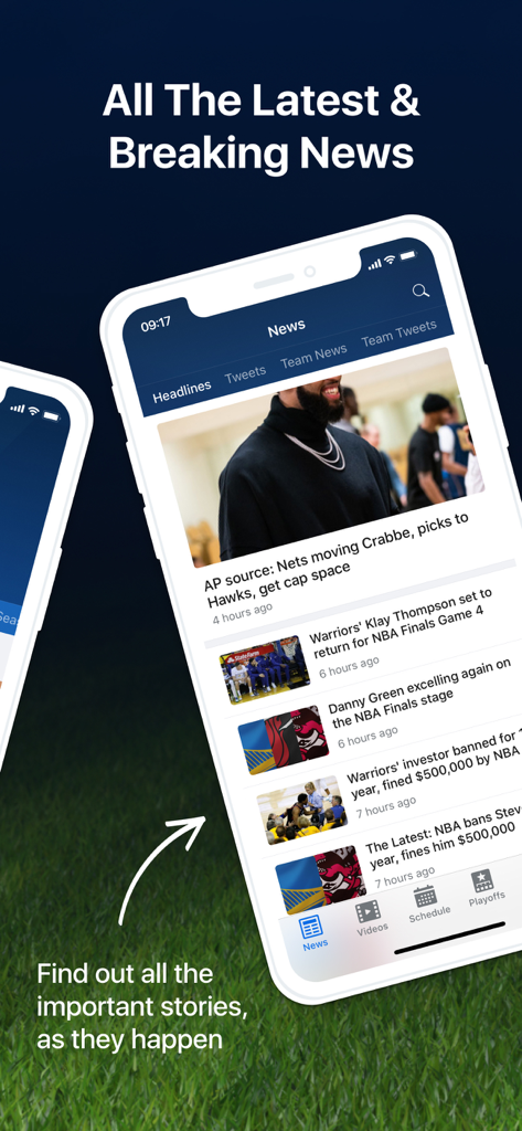 헤드라인과 속보를 보여주는 프로 농구 라이브 앱의 NBA 뉴스 피드