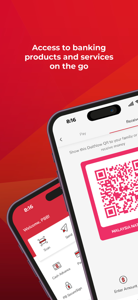 MyPB by Public Bank - Two smartphones displaying the MyPB app interface with a QR code for DuitNow payments and a list of banking services under the headline Access to banking products and services on the go.