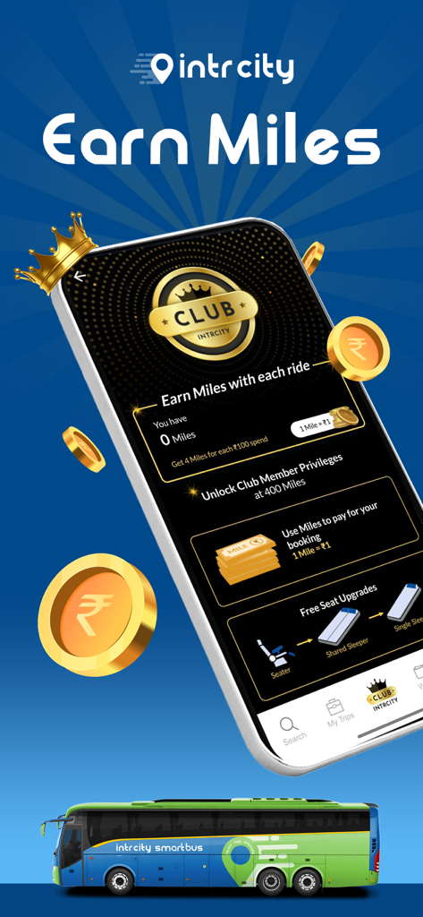 Interface do aplicativo IntrCity SmartBus mostrando o programa de fidelidade de membros do Clube com opções para ganhar milhas e obter upgrades de assento gratuitos.