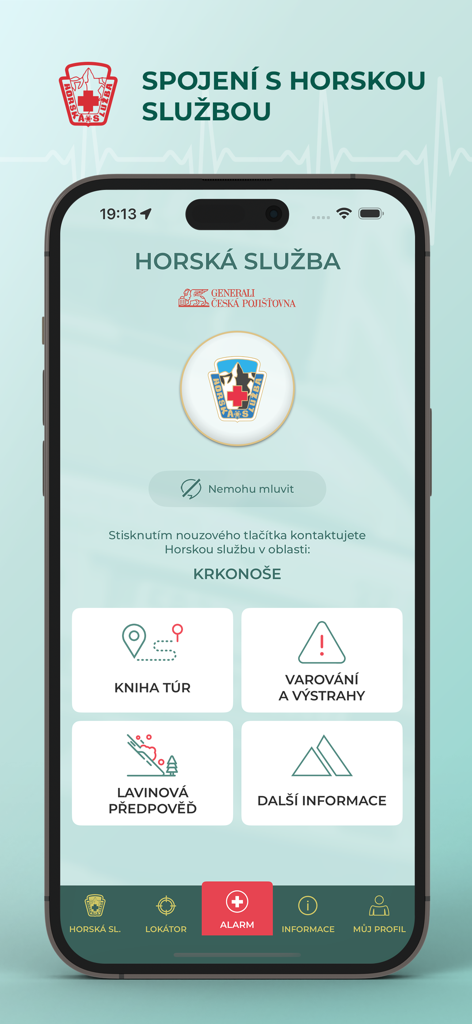 Záchranka app screen for mountain rescue services featuring avalanche forecasts trip logs and emergency alerts