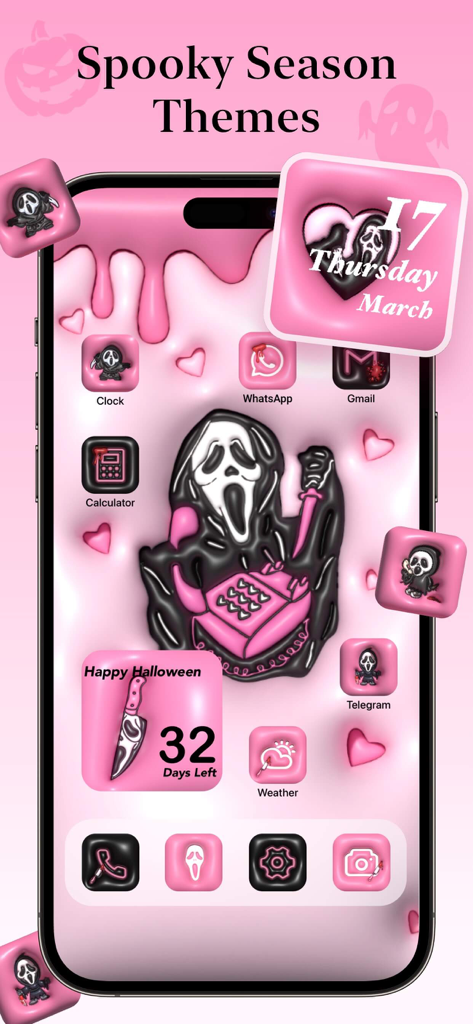 Tema estético de Halloween espeluznante en rosa y negro para la pantalla de inicio con iconos de aplicaciones y widgets personalizados
