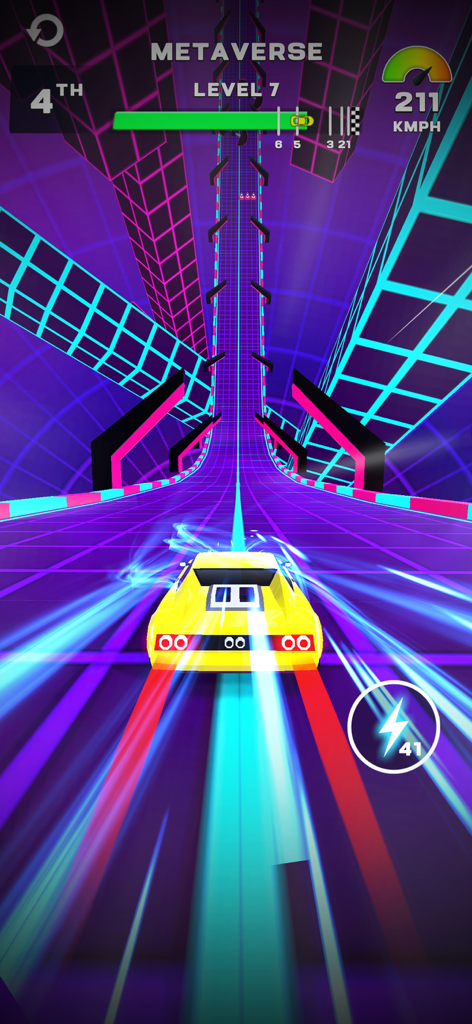 MR RACER : Stunt Mania - A yellow sports car speeding through a neon futuristic metaverse track in MR RACER Stunt Mania