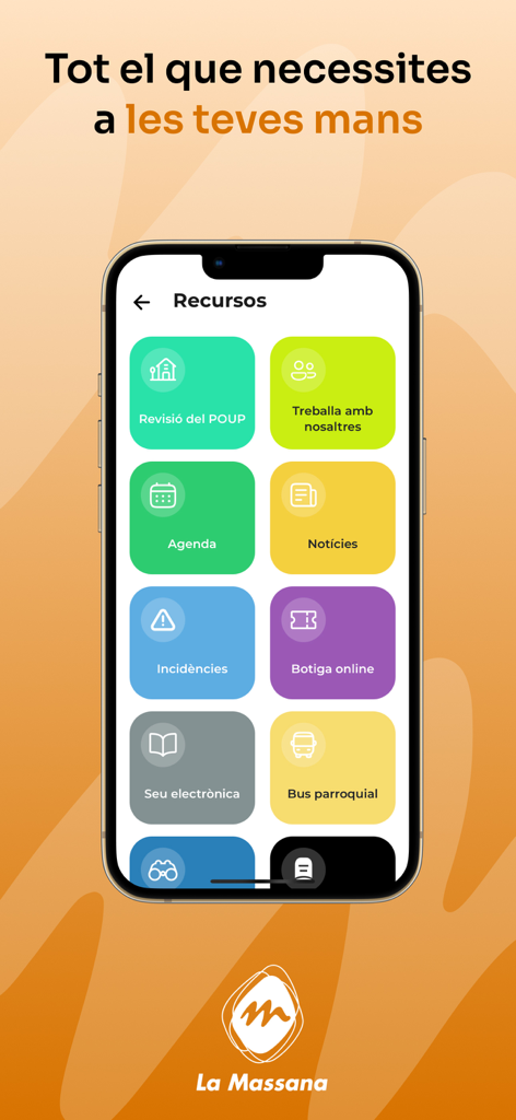 La Massana Plus mobile app screen showing icons for news events and municipal services