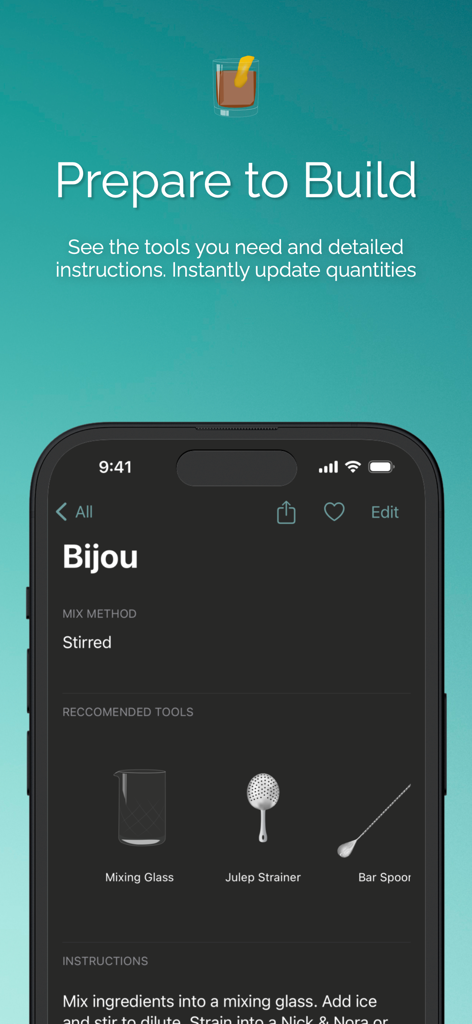 Mixology: The Last Word - 믹솔로지 앱의 칵테일 레시피 화면에 준비 단계와 필요한 바 도구가 표시됩니다.