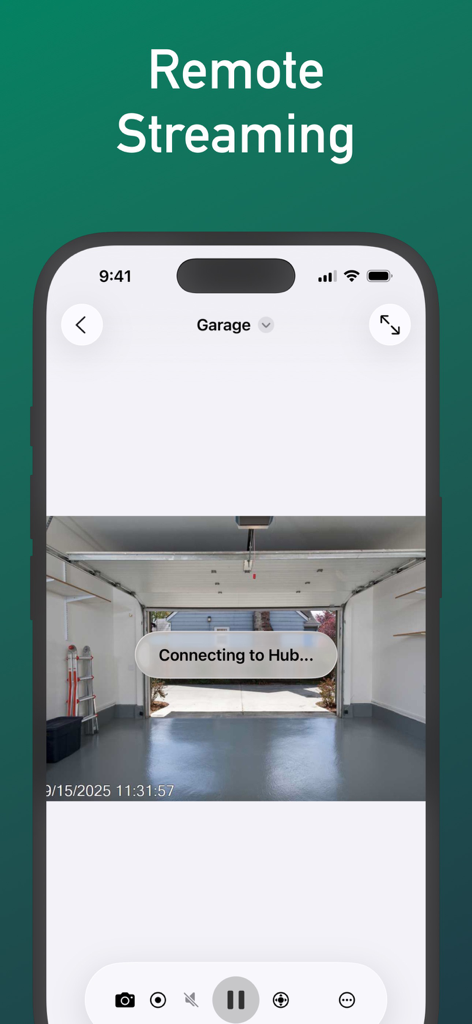 IP Camera Viewer - IPCams - IPCams app interface on an iPhone showing a remote security camera feed of a garage