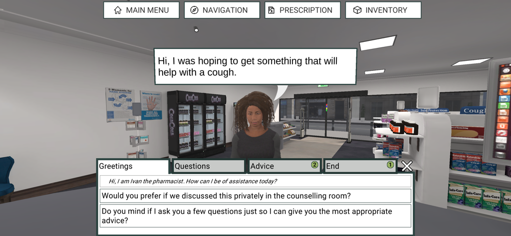 Pharmacy Simulator-Bildschirm, der eine Patientenberatung mit Dialogoptionen für den Apotheker zeigt