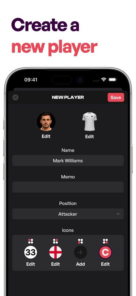 Lineup Builder - MyLineups - Mobile interface for creating and customizing a new soccer player including name position and kit