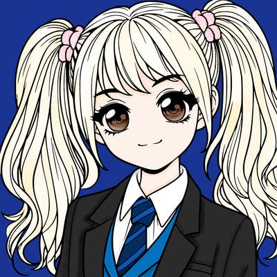 realistic girl with two ponytails and a suit on