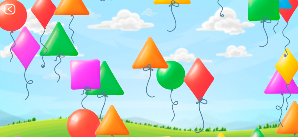 Balloon Pop for Little Kids - Colorful balloons in various shapes like triangles and squares floating in a blue sky.