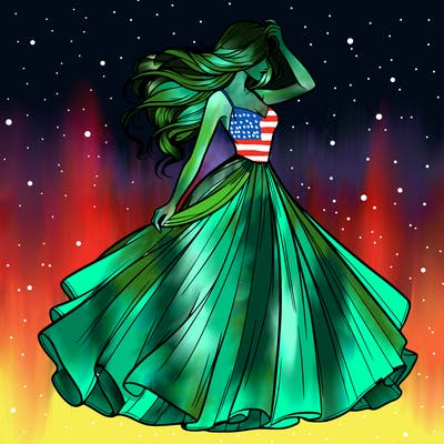 realistic woman with dress flowing in the wind