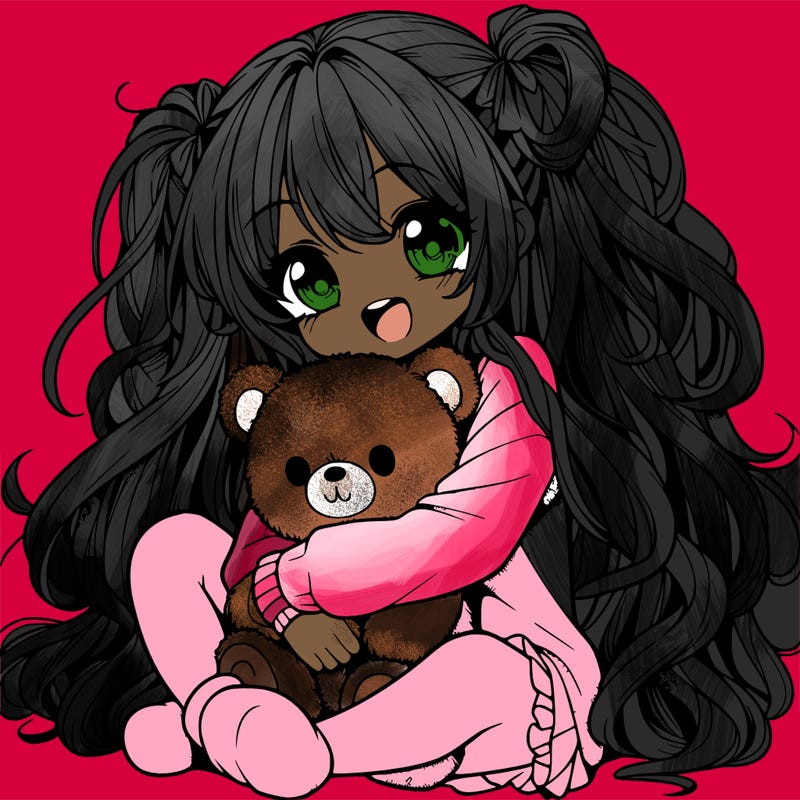 manga girl, long curly hair, happy, cuddling a teddy bear
