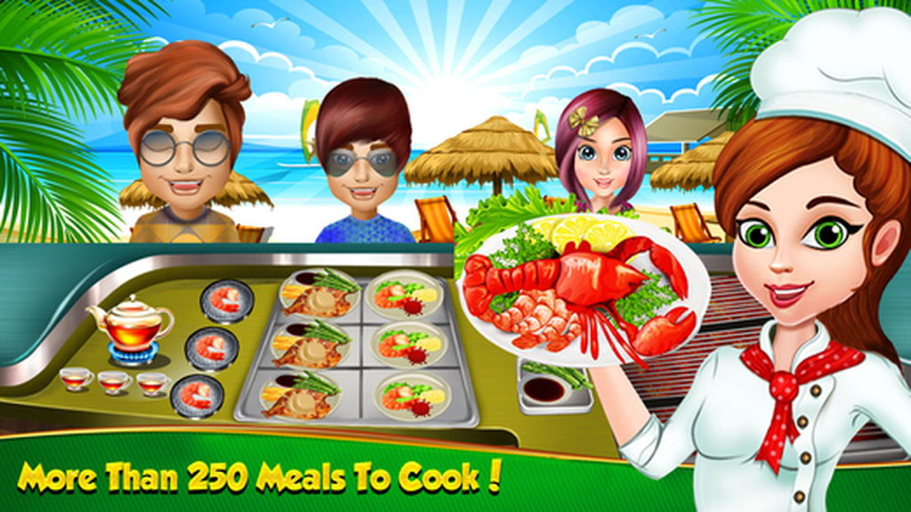 Cooking Dash Story - Fast Food Store & Burger King - Female chef serving a seafood platter at a beach restaurant in Cooking Dash Story