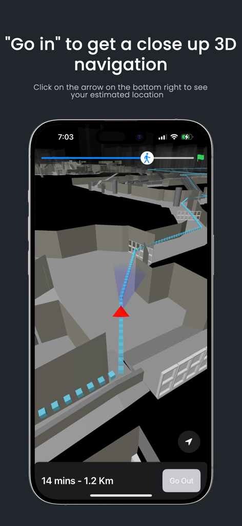 Toronto Path - Close up 3D navigation interface of the Toronto Path app showing an indoor route.