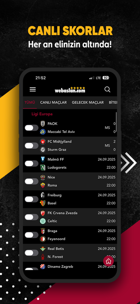 Webaslan - GS 1905 Haber - Interface do aplicativo Webaslan mostrando placares de futebol ao vivo e as próximas partidas da Liga Europa