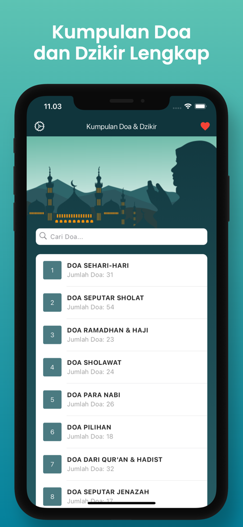 Kumpulan Doa dan Dzikir - Main interface of the Kumpulan Doa dan Dzikir app displaying a list of religious prayer categories in Indonesian