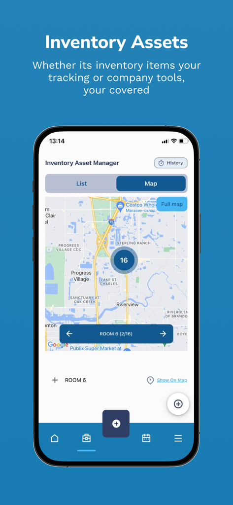 BidBuild 앱 재고 자산 관리자 화면, 지도 보기에서 건설 도구 및 품목 위치 표시