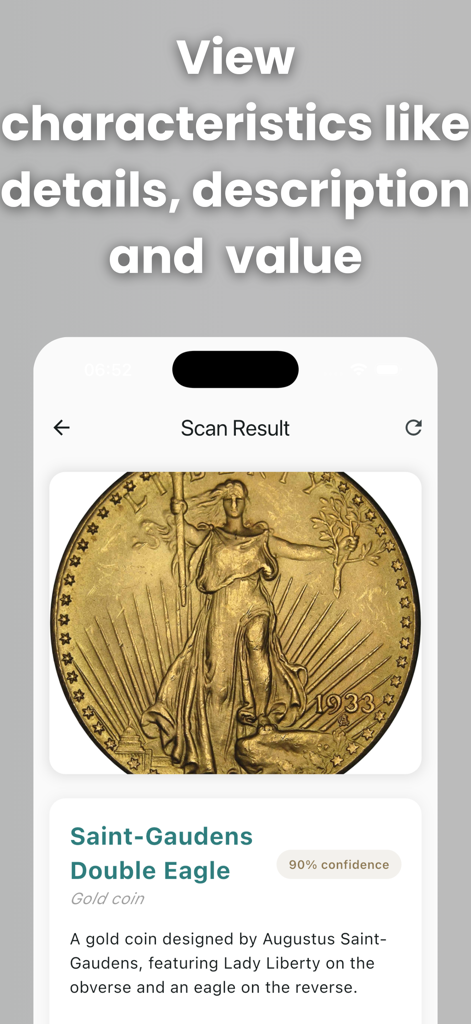 Coin Identifier: AI Value Scan - Mobile app interface showing the AI identification results for a Saint-Gaudens Double Eagle gold coin.