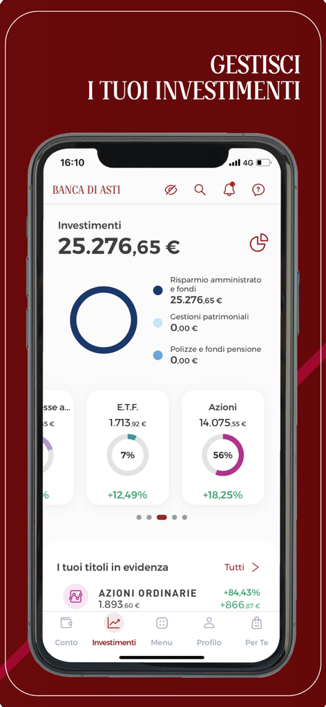 Aplicativo móvel Banca di Asti mostrando um painel de portfólio de investimentos com gráficos de alocação de ativos e desempenho de ações.