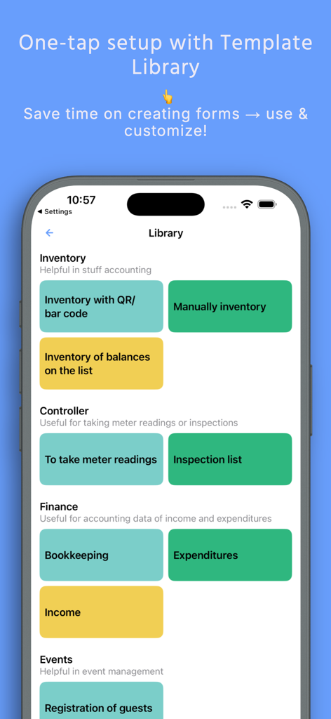 A mobile interface showing various spreadsheet templates for inventory finance and business data logging